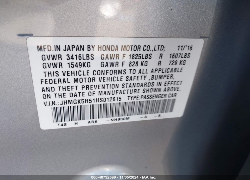 2017 HONDA FIT LX VIN: JHMGK5H51HS012615