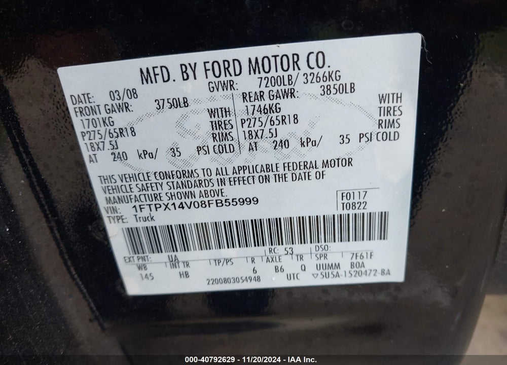 2008 FORD F-150 FX4/LARIAT/XL/XLT VIN: 1FTPX14V08FB55999