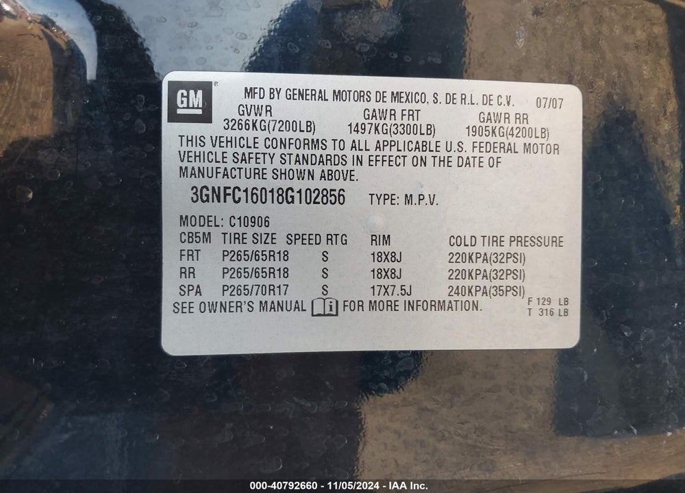 2008 CHEVROLET SUBURBAN 1500 LT VIN: 3GNFC16018G102856