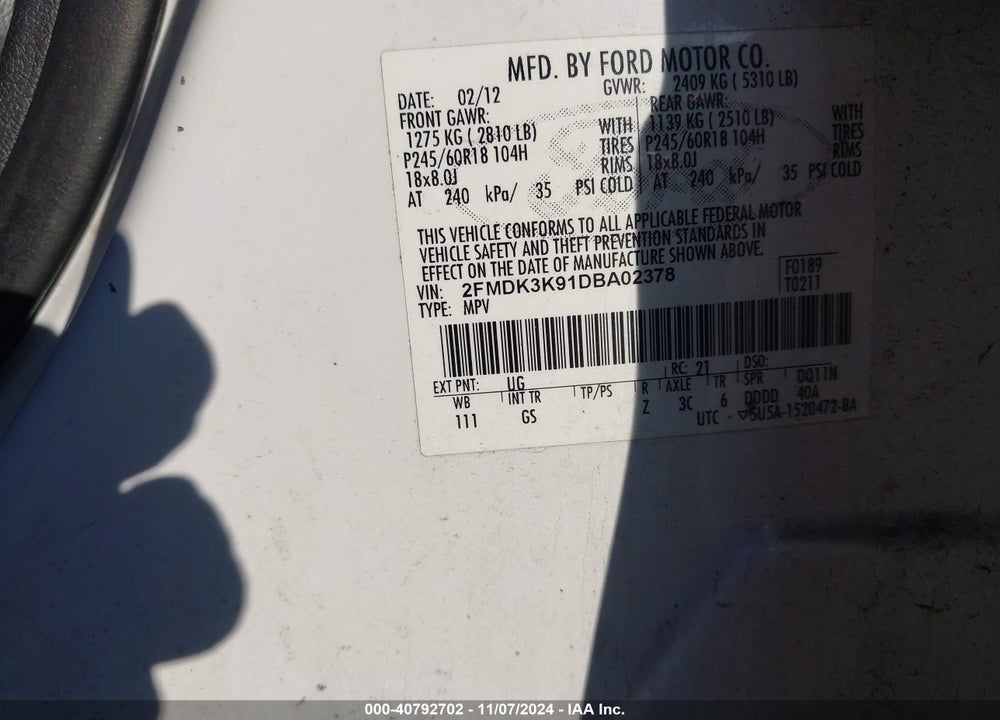 2013 FORD EDGE LIMITED VIN: 2FMDK3K91DBA02378
