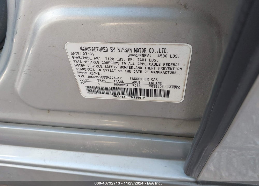 2005 INFINITI G35 VIN: JNKCV51E65M225012