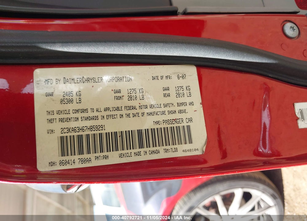 2007 CHRYSLER 300C VIN: 2C3KA63H67H859291