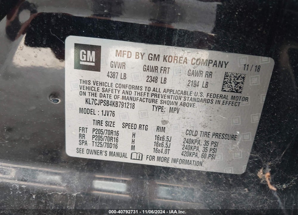 2019 CHEVROLET TRAX LT VIN: KL7CJPSB4KB791218