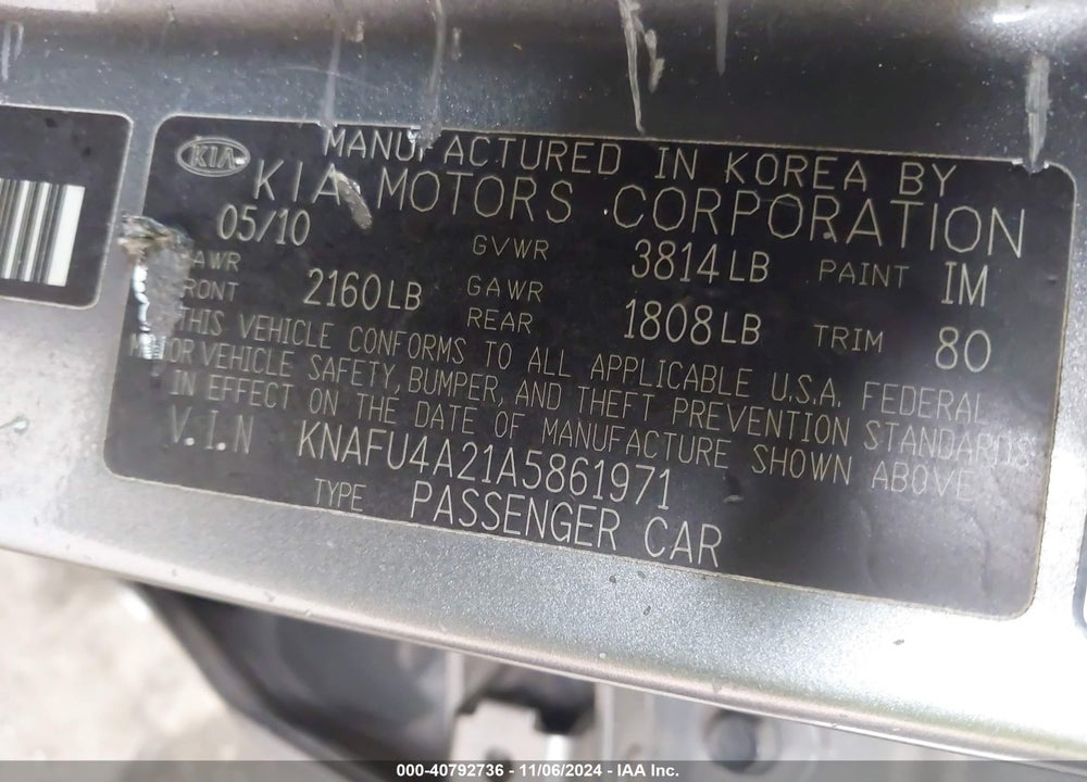 2010 KIA FORTE EX VIN: KNAFU4A21A5861971