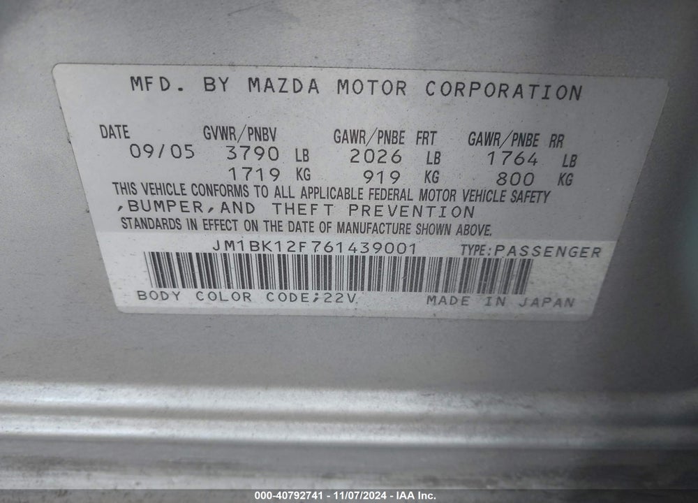 2006 MAZDA 3 I VIN: JM1BK12F761439001