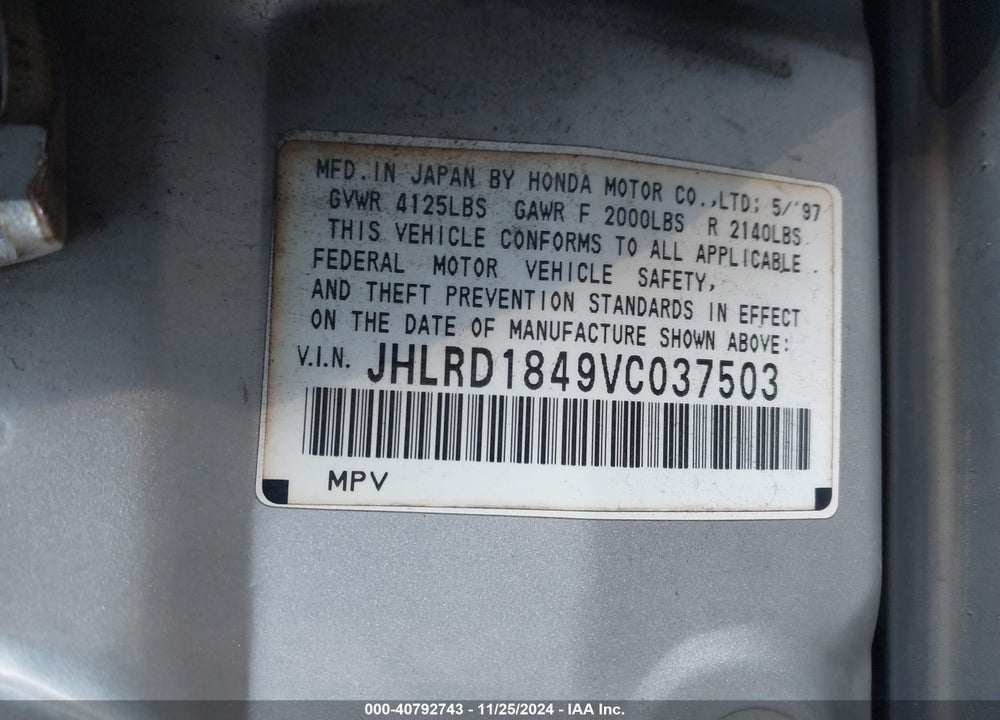 1997 HONDA CR-V VIN: JHLRD1849VC037503