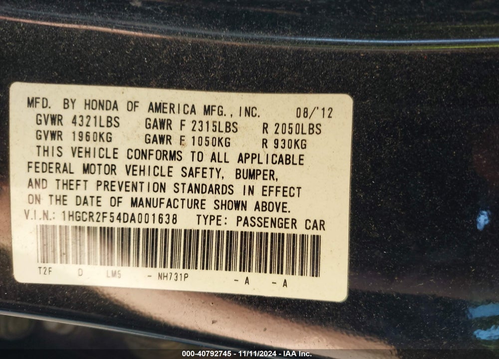 2013 HONDA ACCORD SPORT VIN: 1HGCR2F54DA001638