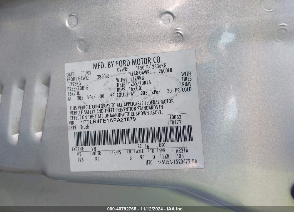 2010 FORD RANGER SPORT/XLT VIN: 1FTLR4FE1APA21879