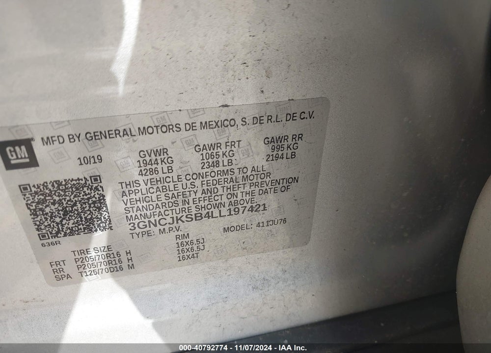 2020 CHEVROLET TRAX VIN: 3GNCJKSB4LL197421