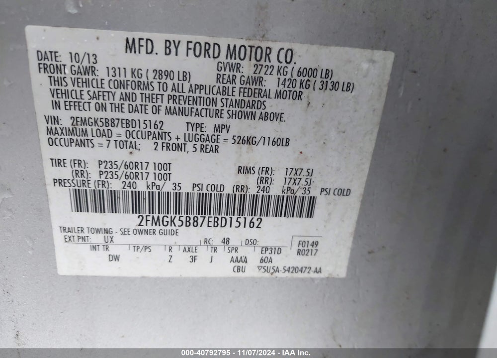 2014 FORD FLEX SE VIN: 2FMGK5B87EBD15162