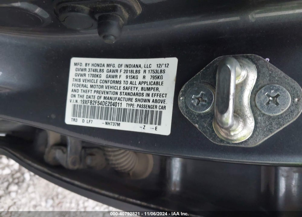 2013 HONDA CIVIC LX VIN: 19XFB2F54DE204011