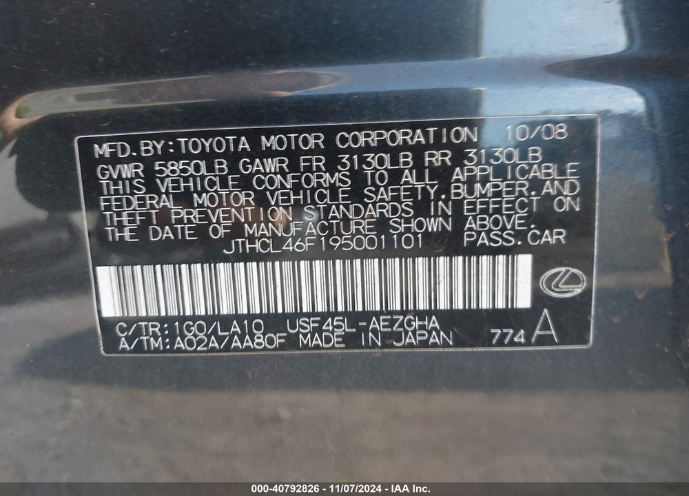 2009 LEXUS LS 460 VIN: JTHCL46F195001101