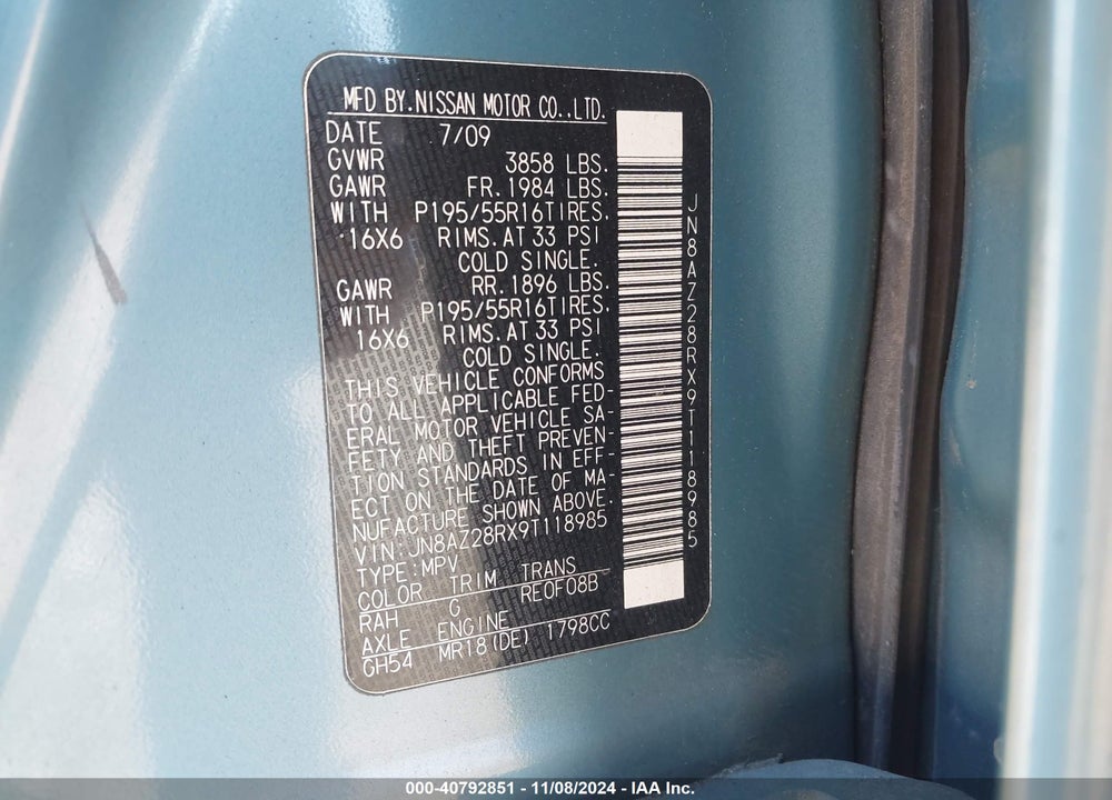 2009 NISSAN CUBE 1.8SL VIN: JN8AZ28RX9T118985