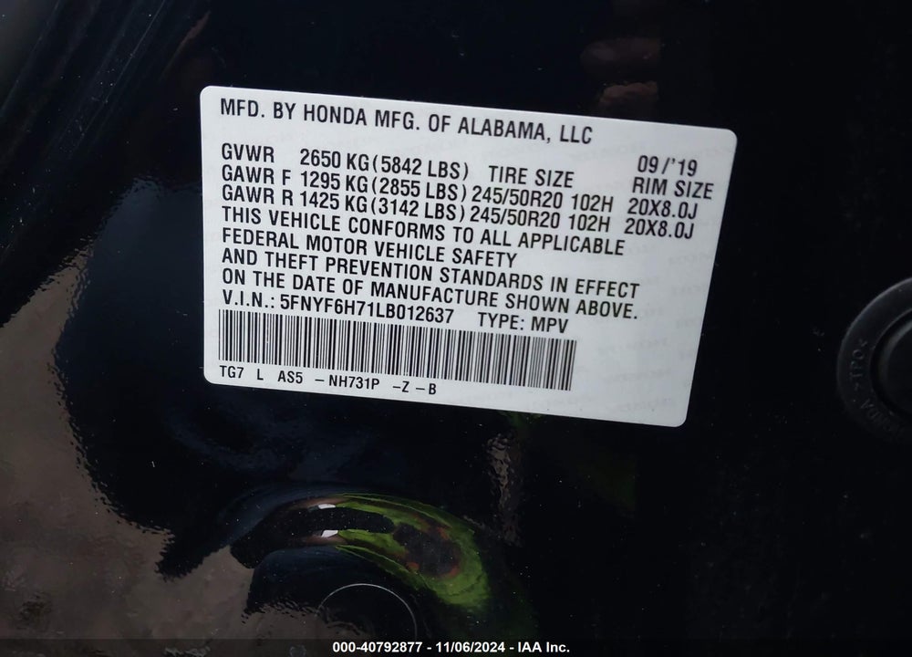 2020 HONDA PILOT AWD BLACK EDITION VIN: 5FNYF6H71LB012637