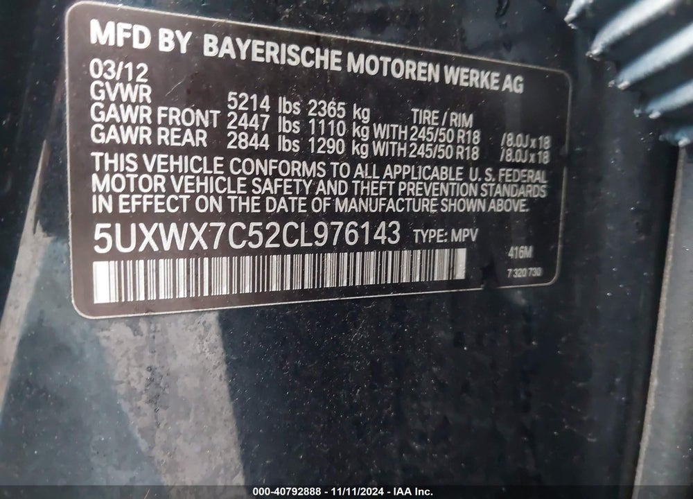 2012 BMW X3 35I VIN: 5UXWX7C52CL976143