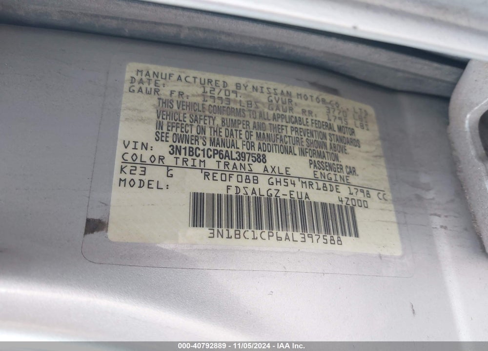 2010 NISSAN VERSA 1.8SL VIN: 3N1BC1CP6AL397588