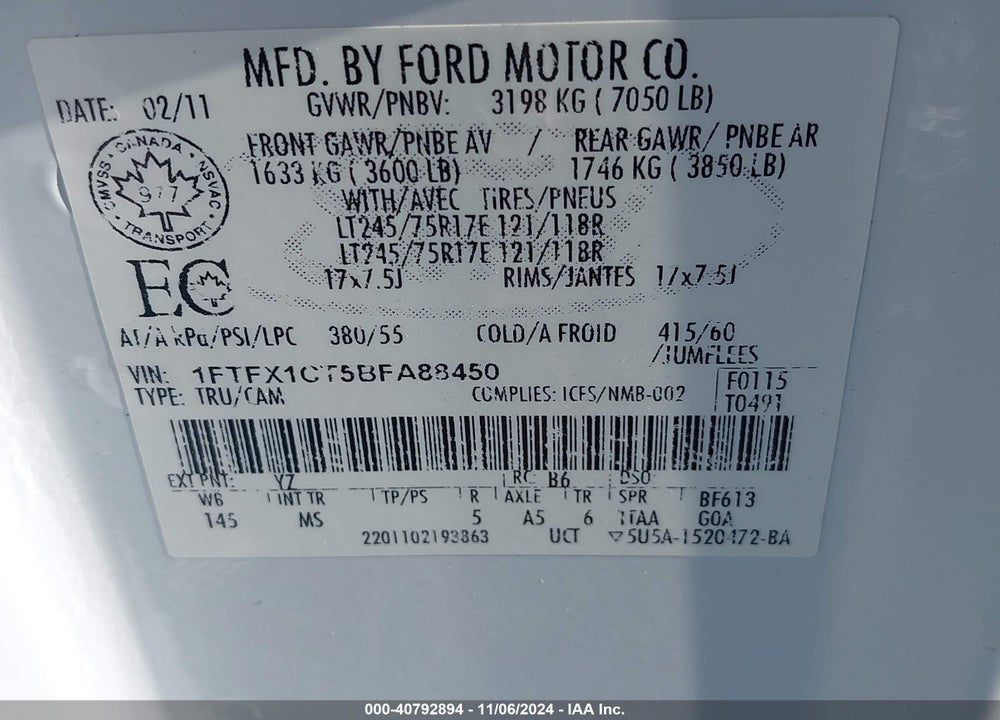 2011 FORD F-150 XLT VIN: 1FTFX1CT5BFA88450