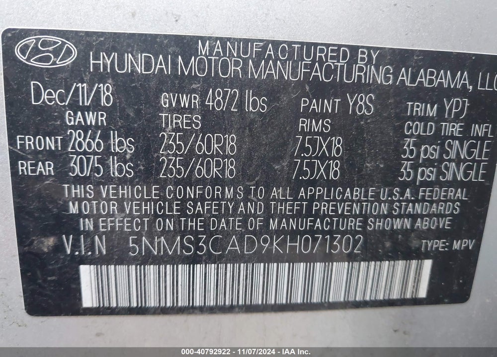 2019 HYUNDAI SANTA FE SEL PLUS VIN: 5NMS3CAD9KH071302