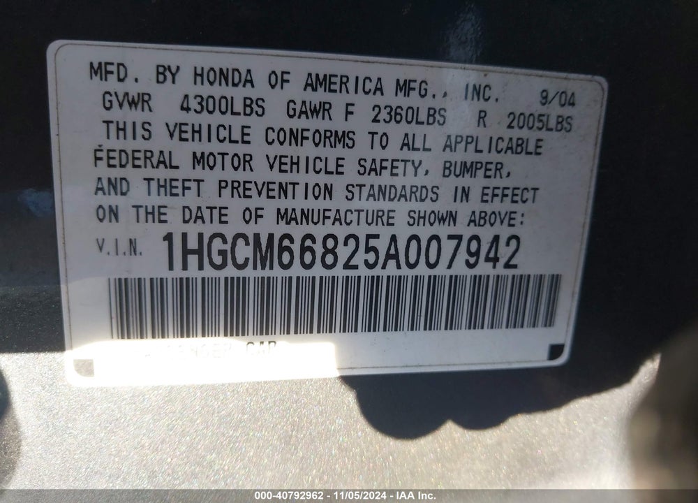 2005 HONDA ACCORD 3.0 EX VIN: 1HGCM66825A007942