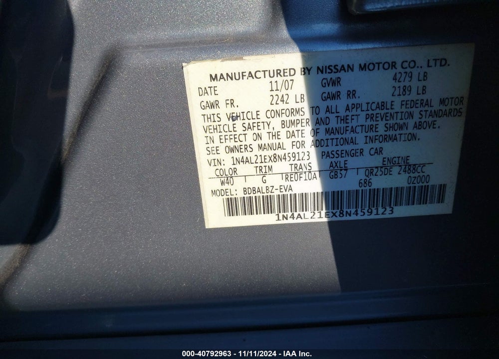 2008 NISSAN ALTIMA 2.5 S VIN: 1N4AL21EX8N459123