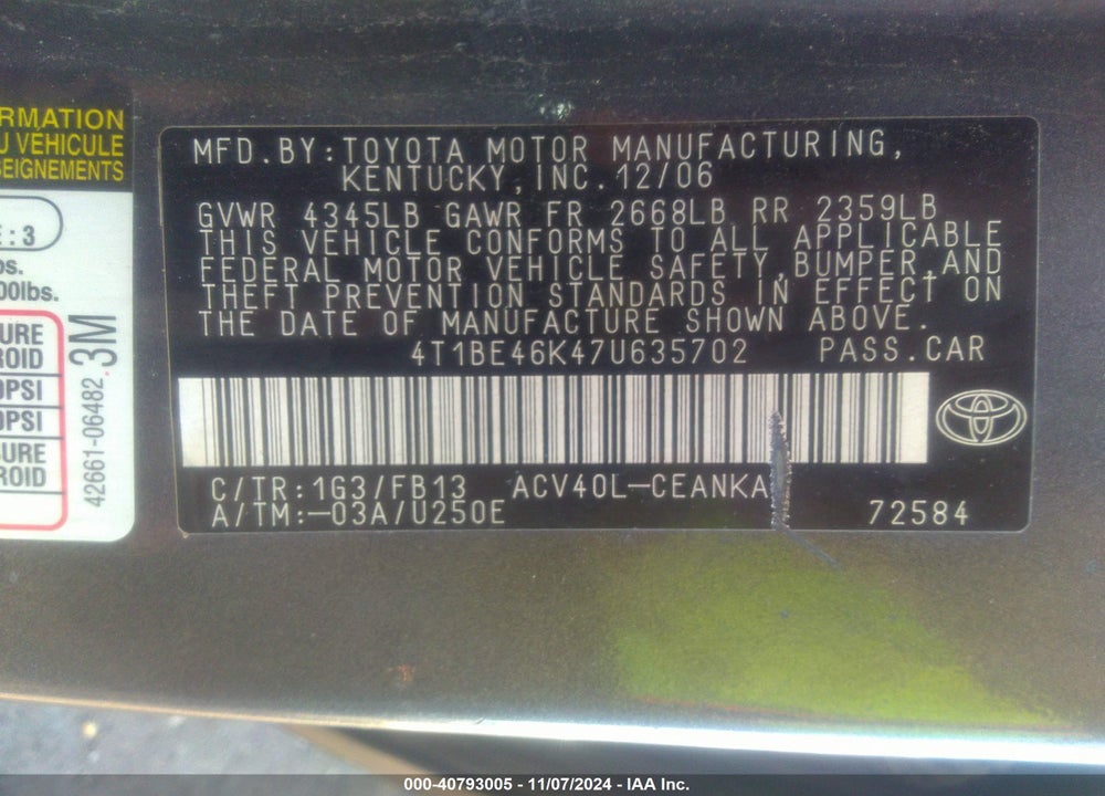 2007 TOYOTA CAMRY LE VIN: 4T1BE46K47U635702