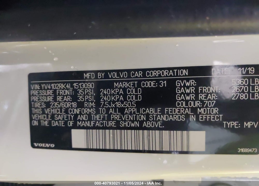 2020 VOLVO XC60 VIN: YV4102RK4L1513090