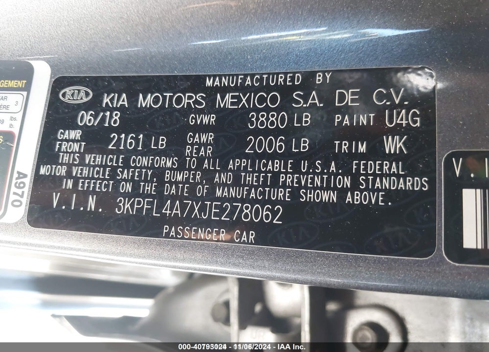 2018 KIA FORTE VIN: 3KPFL4A7XJE278062