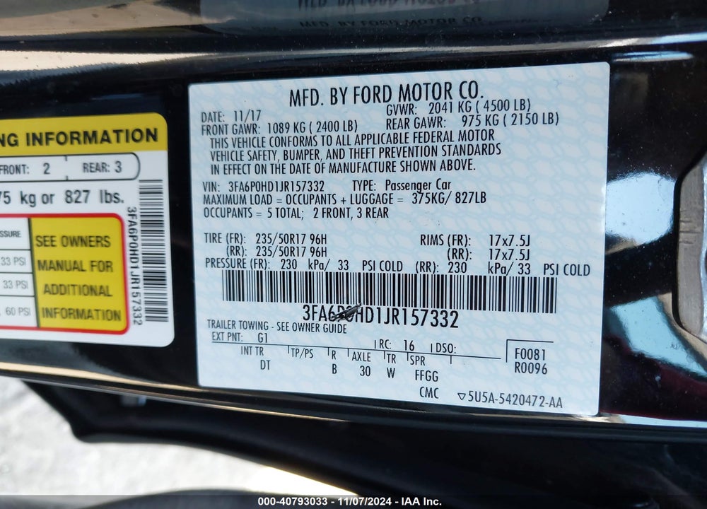 2018 FORD FUSION SE VIN: 3FA6P0HD1JR157332