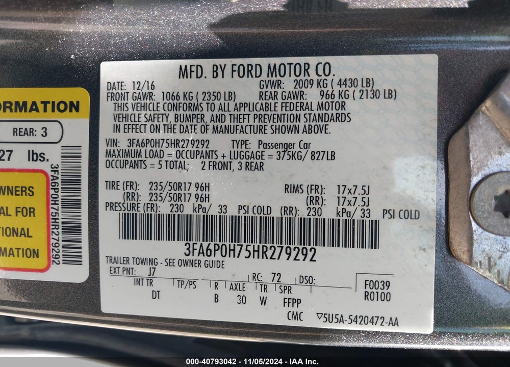 2017 FORD FUSION SE VIN: 3FA6P0H75HR279292