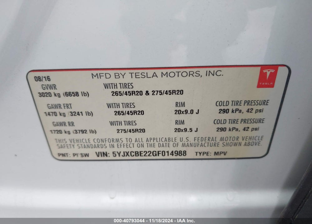 2016 TESLA MODEL X 60D/70D/75D/90D/P100D VIN: 5YJXCBE22GF014988