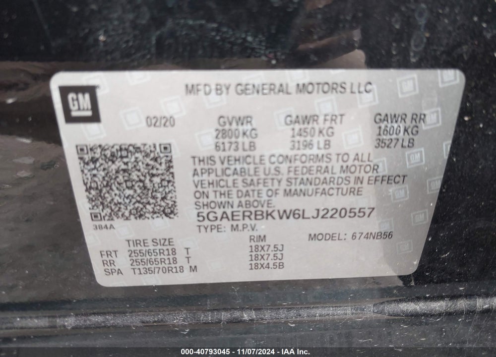 2020 BUICK ENCLAVE FWD ESSENCE VIN: 5GAERBKW6LJ220557