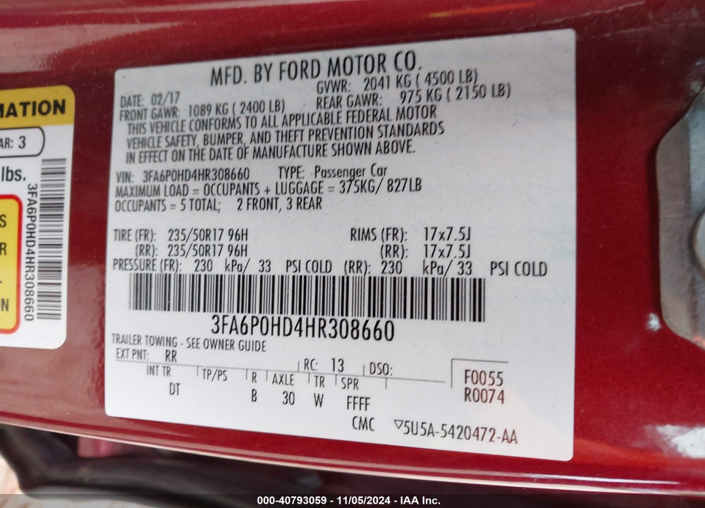 2017 FORD FUSION SE VIN: 3FA6P0HD4HR308660