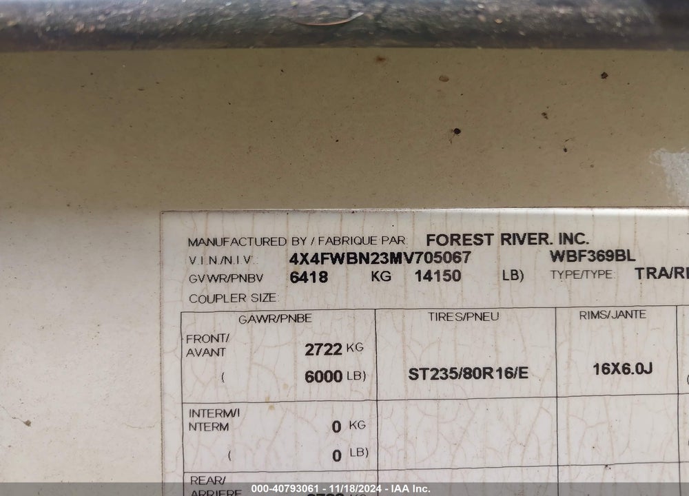 2021 FOREST RIVER OTHER VIN: 4X4FWBN23MV705067