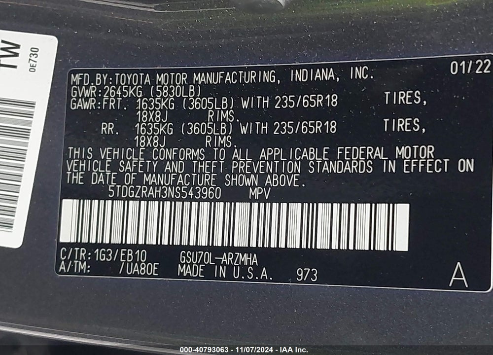 2022 TOYOTA HIGHLANDER XLE VIN: 5TDGZRAH3NS543960