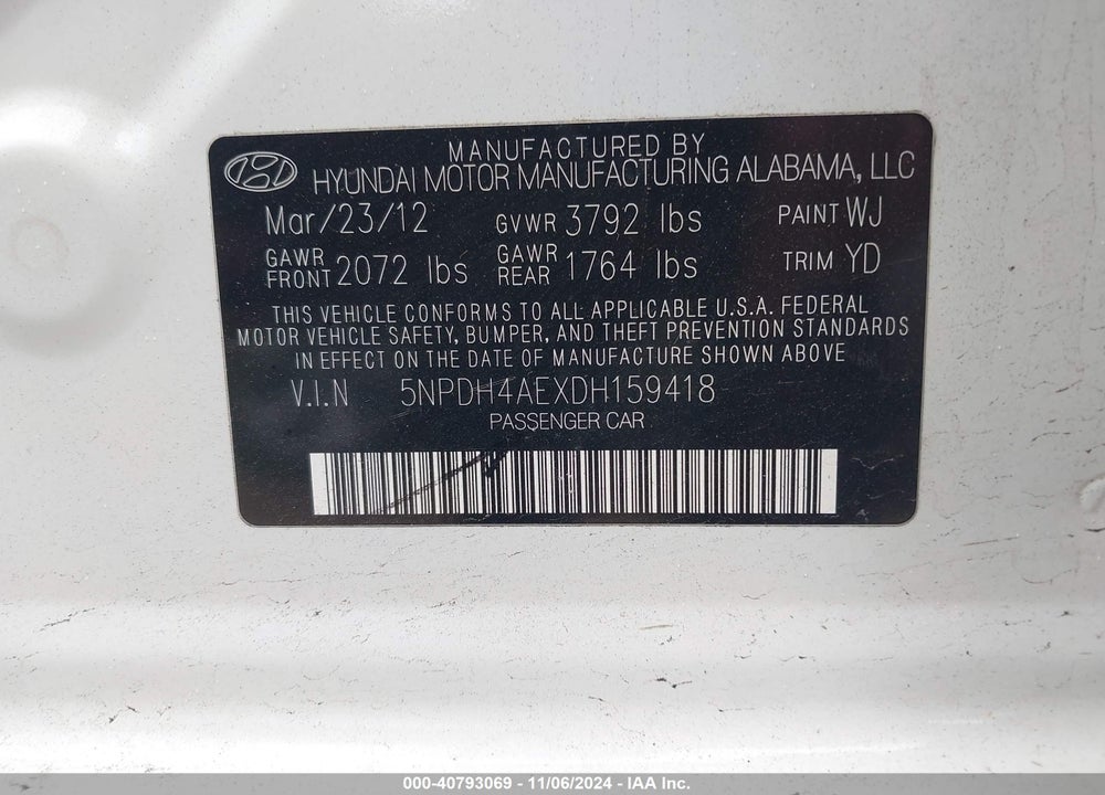 2013 HYUNDAI ELANTRA GLS VIN: 5NPDH4AEXDH159418