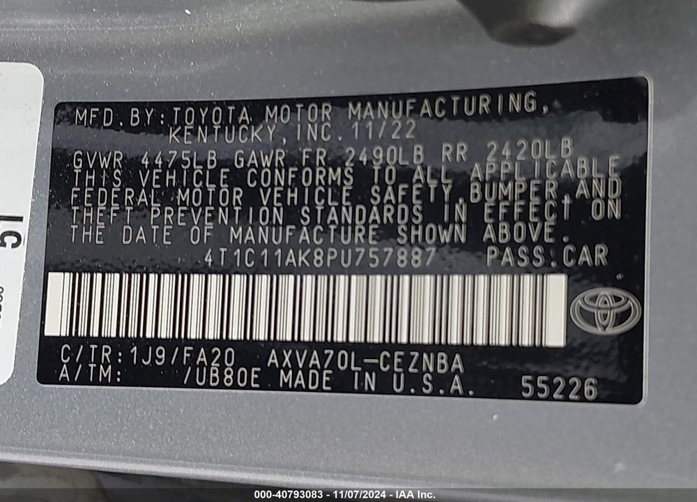 2023 TOYOTA CAMRY LE VIN: 4T1C11AK8PU757887