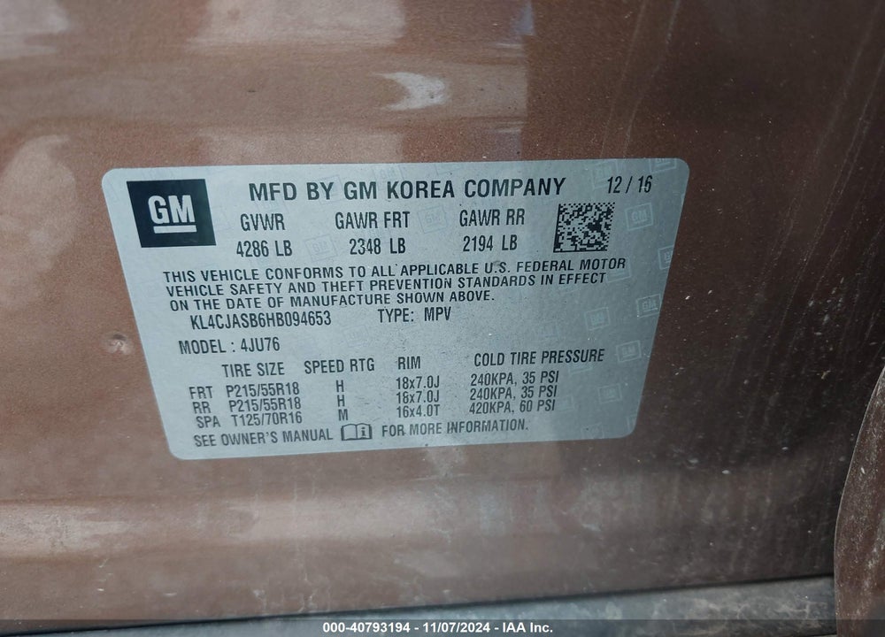 2017 BUICK ENCORE PREFERRED VIN: KL4CJASB6HB094653