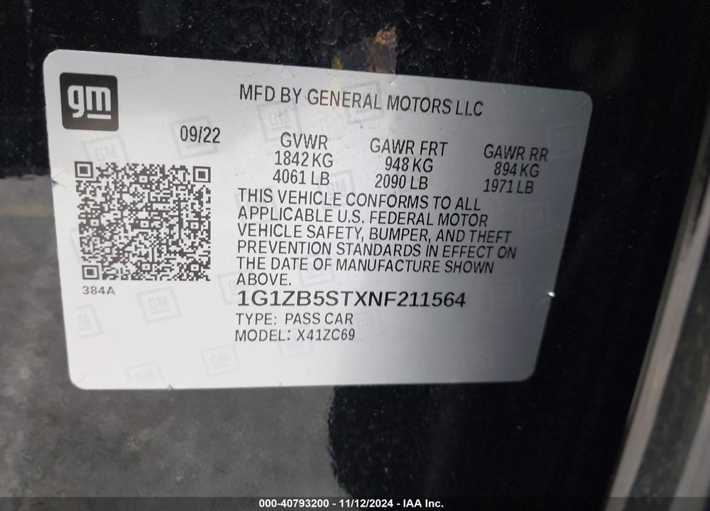 2022 CHEVROLET MALIBU FWD LS VIN: 1G1ZB5STXNF211564