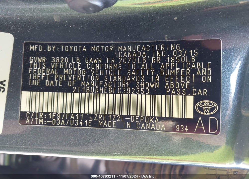 2015 TOYOTA COROLLA L VIN: 2T1BURHE6FC392353