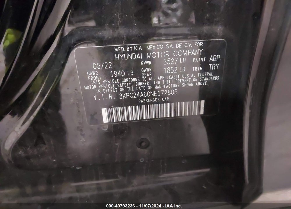 2022 HYUNDAI ACCENT VIN: 3KPC24A60NE172805