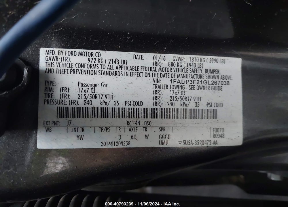 2016 FORD FOCUS SE VIN: 1FADP3F21GL267038