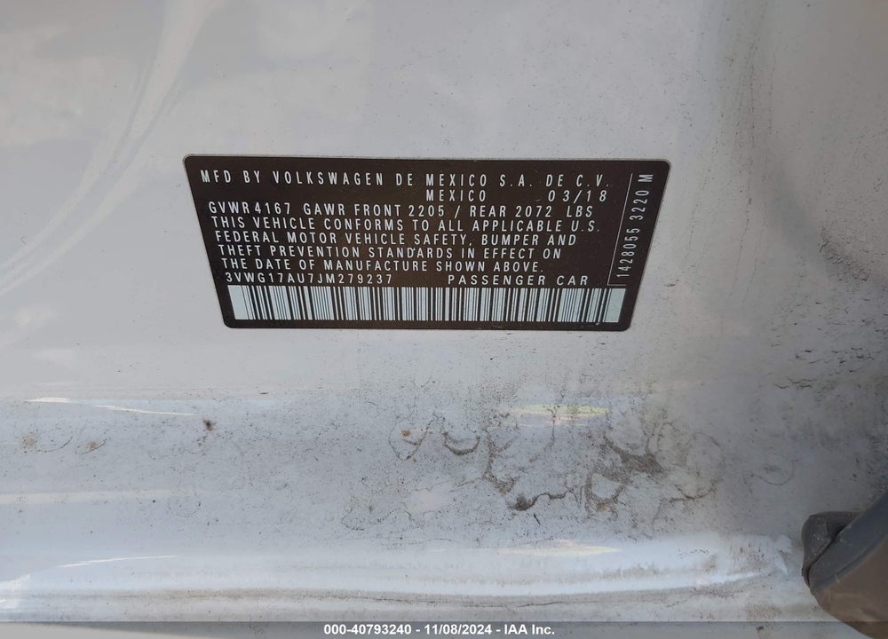 2018 VOLKSWAGEN GOLF S/SE VIN: 3VWG17AU7JM279237
