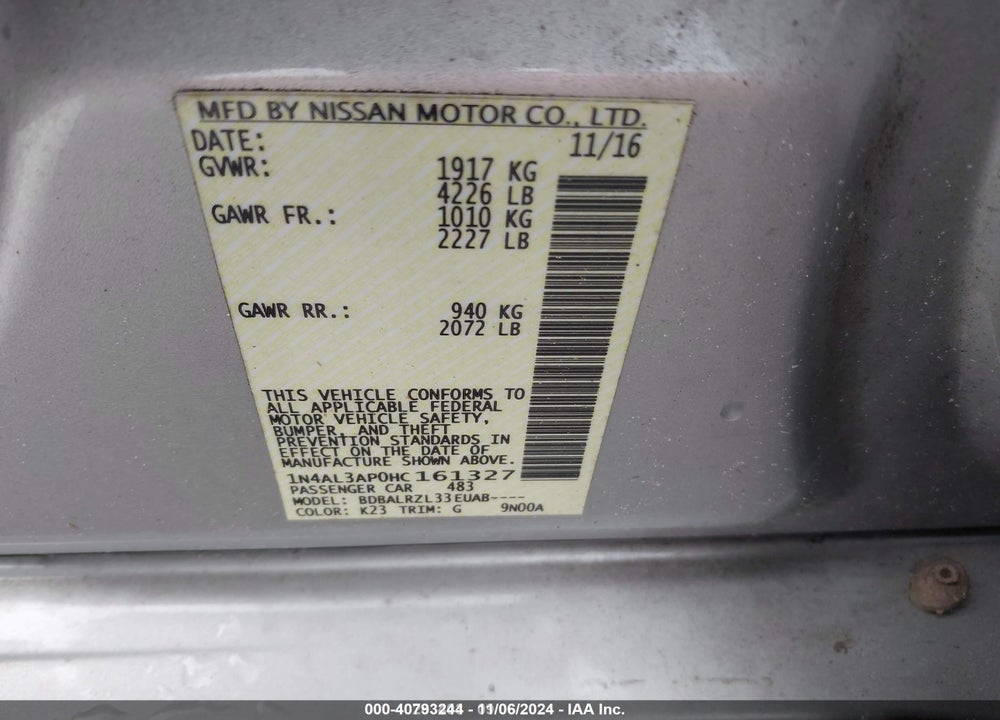 2017 NISSAN ALTIMA 2.5 SL VIN: 1N4AL3AP0HC161327