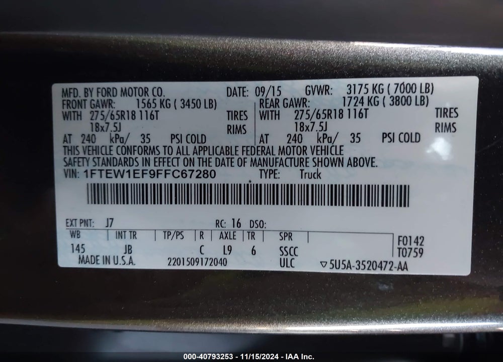 2015 FORD F-150 XLT VIN: 1FTEW1EF9FFC67280