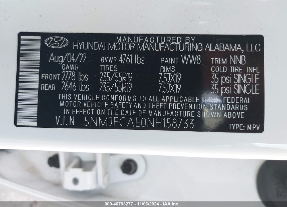 2022 HYUNDAI TUCSON SEL VIN: 5NMJFCAE0NH158733