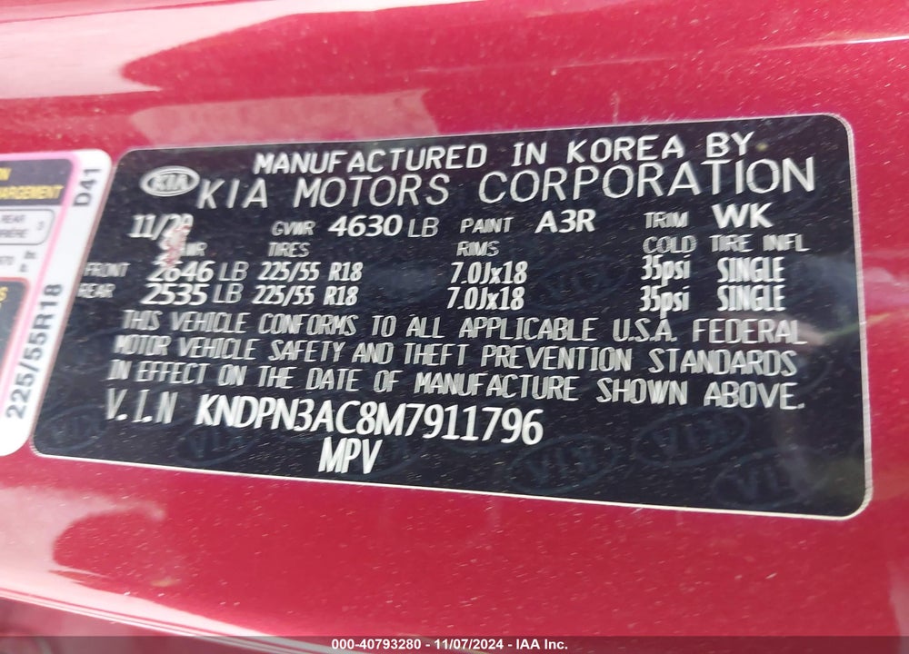 2021 KIA SPORTAGE VIN: KNDPN3AC8M7911796