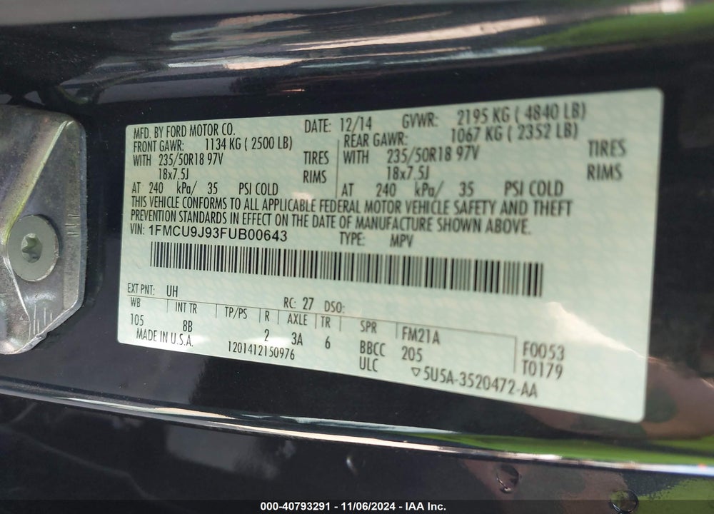 2015 FORD ESCAPE TITANIUM VIN: 1FMCU9J93FUB00643