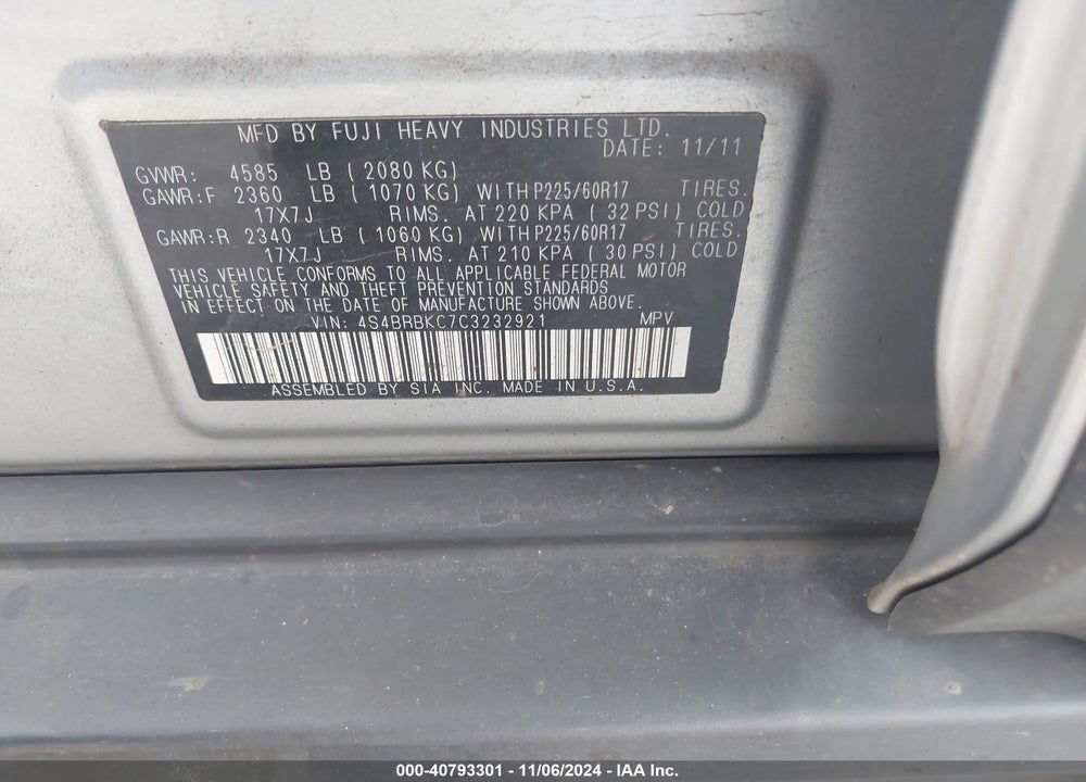 2012 SUBARU OUTBACK 2.5I LIMITED VIN: 4S4BRBKC7C3232921