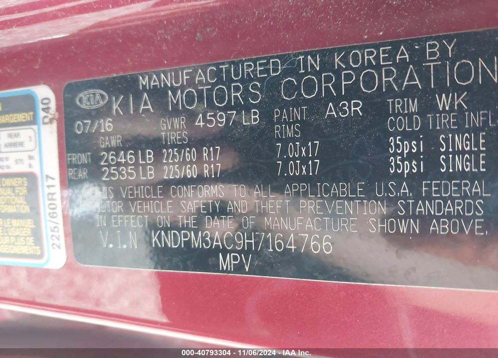 2017 KIA SPORTAGE LX VIN: KNDPM3AC9H7164766