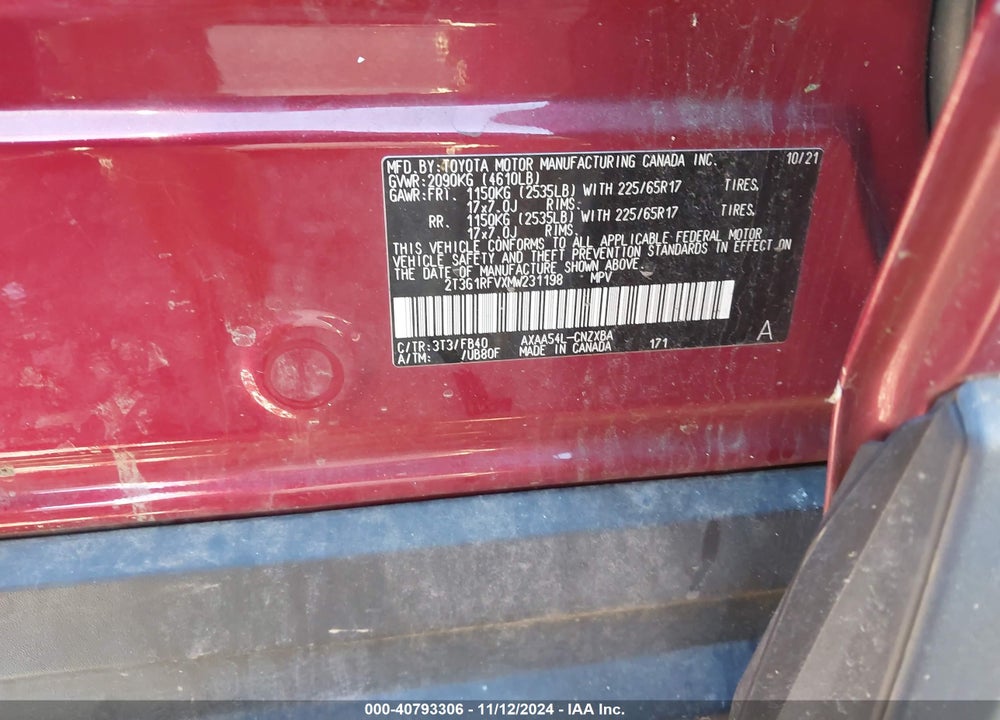2021 TOYOTA RAV4 LE VIN: 2T3G1RFVXMW231198